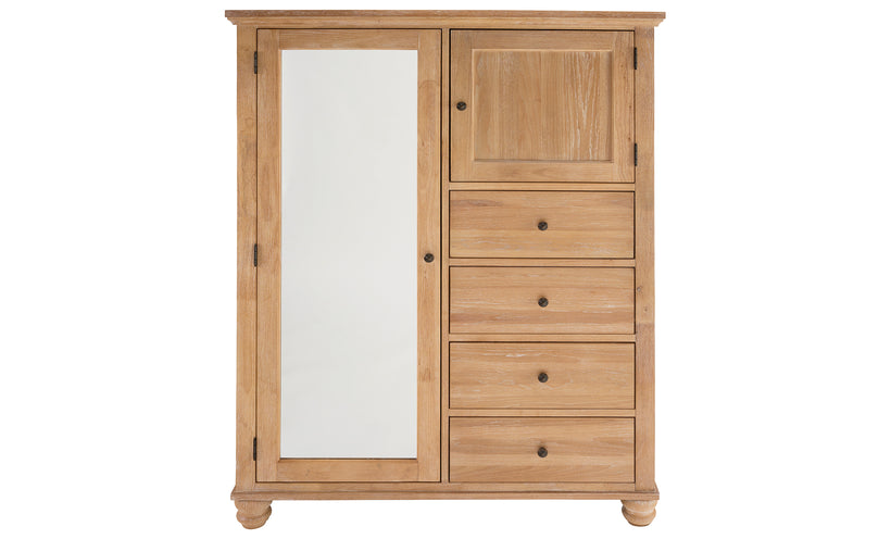 Wooden wardrobe with a mirror door on a white background